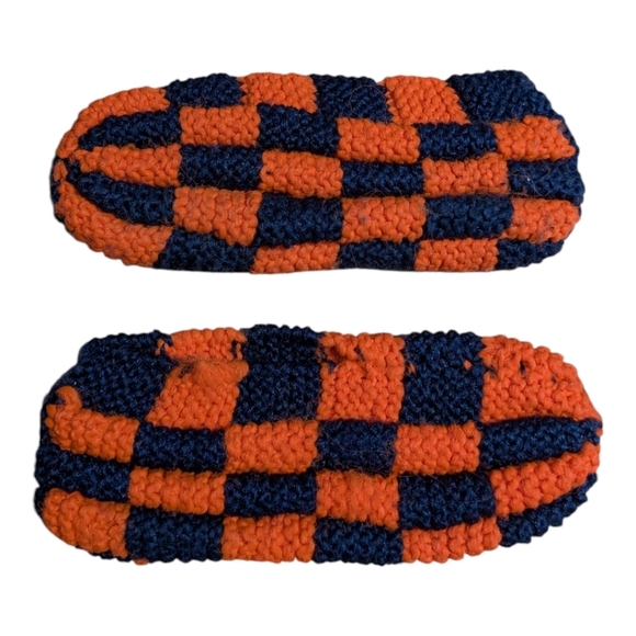 Handmade Knitted Acrylic Yarn Slippers Pantouffles Navy Blue Orange - Picture 4 of 5